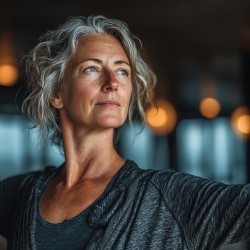 Seniorin praktiziert sanftes Yoga in ruhiger Atmosphäre